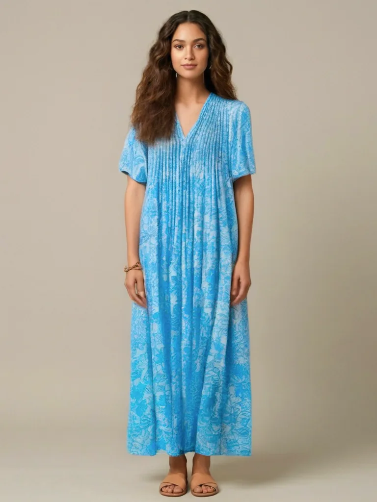 Blue Floral Pintuck Midi Dress